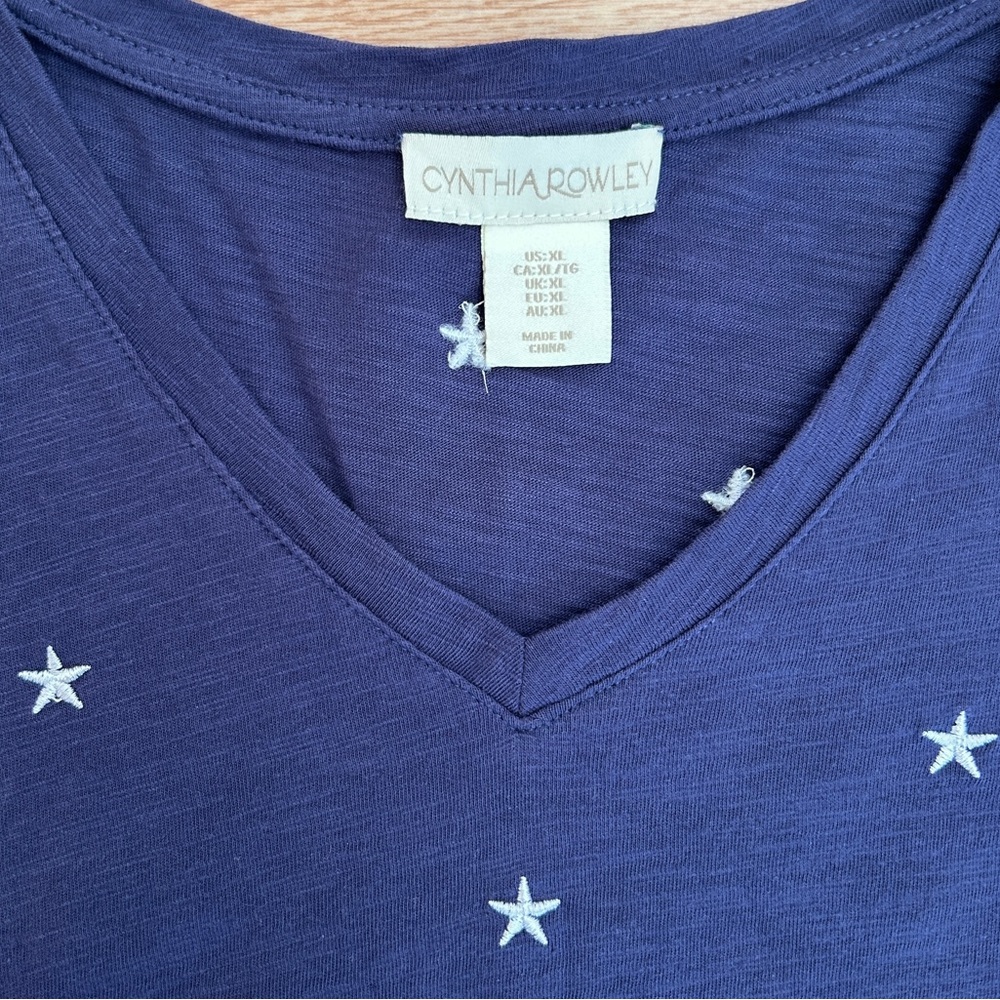 Cynthia Rowley Navy Blue & White Embroidered Star V Neck Cotton Tee Shirt XL - Picture 2 of 4